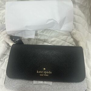 kate spade Black Saffiano Leather Foldover Clutch with Gold Logo